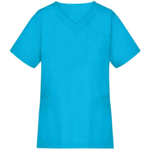A blue tunic featuring a v-neck, short sleeves, and a chest pocket. It has a logo on it.