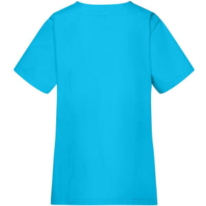 A turquoise ladies tunic with short sleeves, featuring a logo on the back.