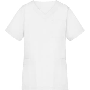 A white women's tunic with short sleeves and a V-neck, featuring one chest pocket and two side pockets.