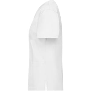 A white tunic with short sleeves and pockets, featuring branding on the fabric.