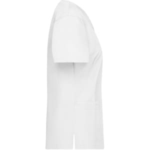 A white tunic with short sleeves and a side pocket, featuring a branding logo.