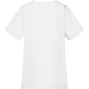 A plain white tunic with short sleeves, featuring a back view design and a logo on the upper back.