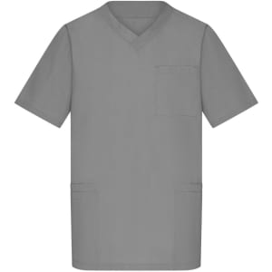 A grey men's tunic with a V-neck, short sleeves, and a pocket on the chest, featuring two side pockets.