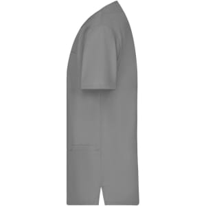 A grey uniform tunic with short sleeves and pockets, featuring a simple design and a logo.