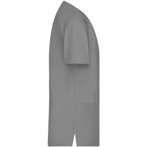 A grey short-sleeved tunic with a straight cut and a side pocket, designed as a uniform.