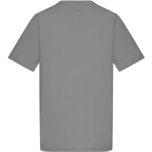 A grey tunic with short sleeves, featuring a plain back and a simple design. It includes a logo.