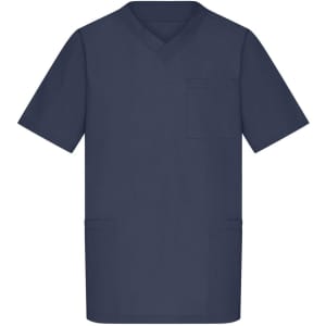 A navy blue tunic featuring a V-neck design, short sleeves, and pockets, with a logo on the front.