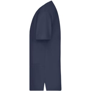 A navy blue men's tunic with short sleeves and a pocket, featuring a logo.