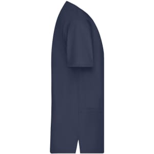 A navy blue men's casack tunic with short sleeves and a side pocket. It features a logo on the fabric.