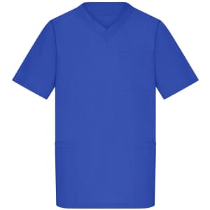 A blue men's tunic featuring a V-neck design, short sleeves, and multiple pockets. It has a logo.