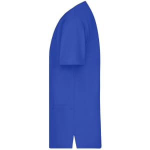 A royal blue tunic with short sleeves, featuring a pocket on the side, presented in a side view.