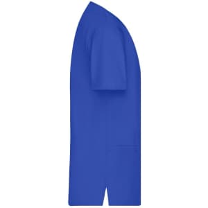 A blue tunic uniform with short sleeves, featuring a side view and a pocket. It has a simple design and clean lines.
