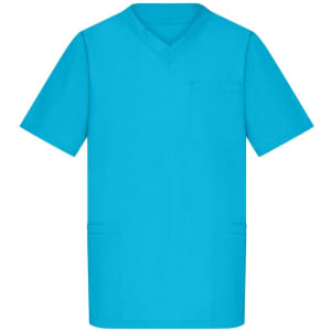 A turquoise men's tunic with a V-neck, short sleeves, and pockets, featuring a logo.