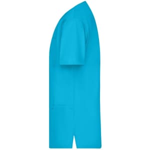 A side view of a turquoise tunic uniform featuring short sleeves and a pocket. It has a logo on it.