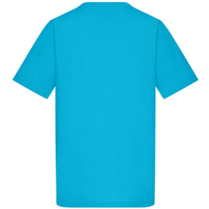 A turquoise short-sleeved tunic with a back view. It features a logo on the back.