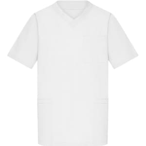 A white short-sleeved tunic with a V-neck and a chest pocket, featuring side pockets. It has a logo.