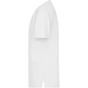 A white uniform tunic with short sleeves, featuring a pocket and a logo.