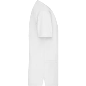 A white tunic with short sleeves and a pocket, featuring a logo. Suitable for uniforms.