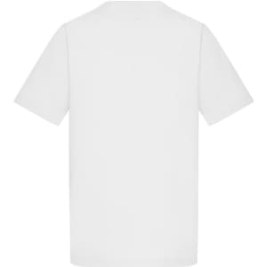 A plain white tunic top with short sleeves, featuring a logo on the back.