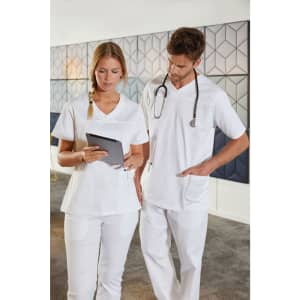 A white tunic-style uniform worn by a woman and a man, with the man holding a stethoscope.