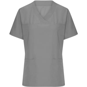 A grey ladies stretch casack with short sleeves and front pockets, featuring a logo.