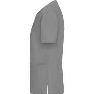 A grey ladies' stretch casack with short sleeves and two front pockets, featuring a branding logo.