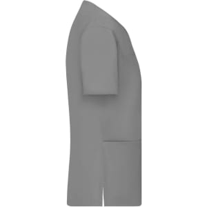 A grey ladies stretch casack featuring short sleeves and pockets, shown from the side.