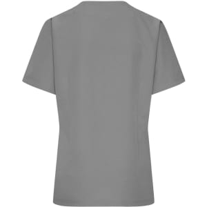 A grey short-sleeved tunic with a simple design and a logo on the back. Suitable for uniforms.