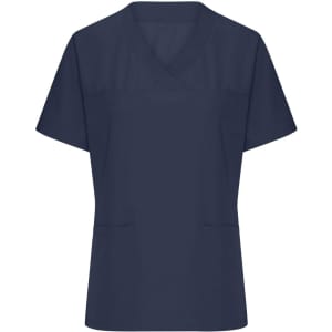 A navy blue ladies' stretch casack uniform tunic with short sleeves and two front pockets.