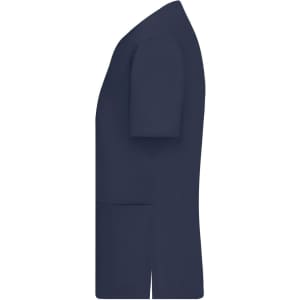 A navy ladies stretch casack with short sleeves and a side pocket. It has a sleek, uniform design.