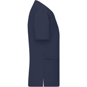 A navy blue ladies stretch casack with short sleeves and side pockets, featuring a logo.