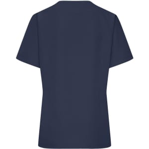 A navy blue short-sleeved tunic with a simple design and a logo.
