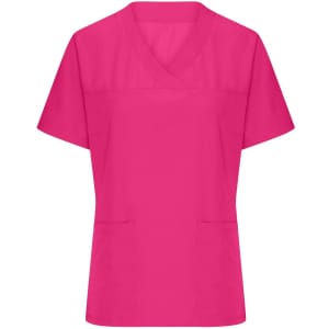 A pink ladies stretch casack with a V-neck and short sleeves, featuring two front pockets and a logo.