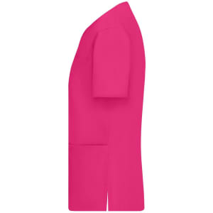 A pink ladies' stretch casack with short sleeves and side pockets, featuring a smooth finish and modern fit.