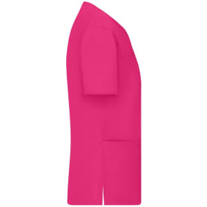 A pink ladies stretch casack with short sleeves and two front pockets, featuring a branding logo.