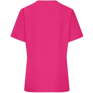 A pink tunic with short sleeves and a simple design, featuring a branding logo.