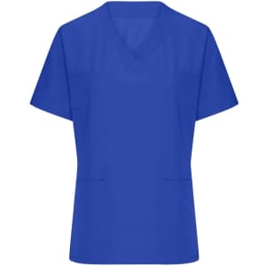A blue ladies' stretch casack with short sleeves and two front pockets, featuring a logo.