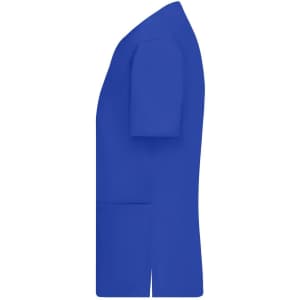 A blue ladies' stretch casack, featuring short sleeves and side pockets, displayed from the side view.