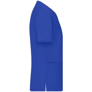 A blue ladies stretch casack with short sleeves and a side pocket, featuring a logo.