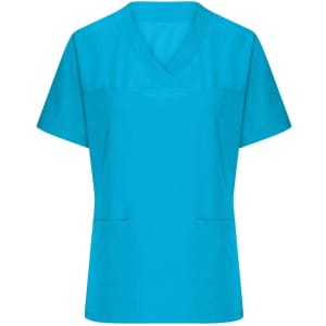 A vibrant turquoise ladies' stretch casack with short sleeves and two front pockets. It features a logo on the design.