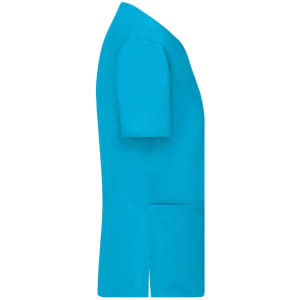 A turquoise ladies' stretch casack uniform tunic with short sleeves and a side pocket.