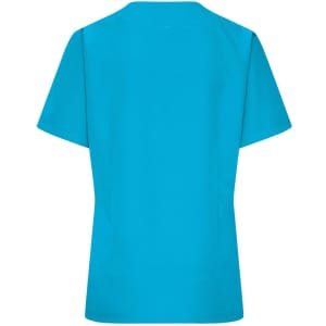 A turquoise ladies' stretch casack tunic with short sleeves and a simple back design. It features a logo.