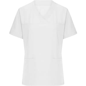 A white ladies' stretch casack with short sleeves and two front pockets, featuring a logo.