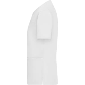 A white Ladies Stretch Casack tunic with short sleeves and two front pockets. It features a logo.