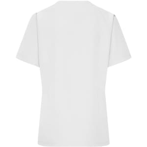 A white ladies' stretch casack with short sleeves, featuring a simple, tailored design. It has a logo present.