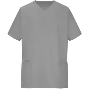 A grey men's stretch casack featuring short sleeves and two front pockets. It has a logo on the design.
