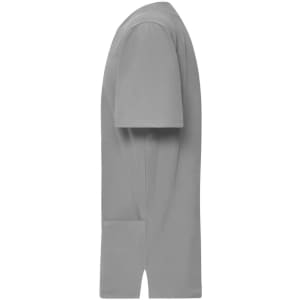 A grey men's stretch casack featured as a side view, showcasing its uniform tunic style. It has one pocket and a logo.