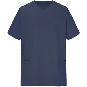 A navy blue men's stretch casack with a V-neck and two front pockets, featuring a logo.