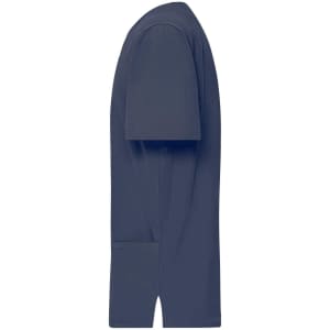 A navy blue men's stretch casack tunic with short sleeves and a side pocket. It features a logo.