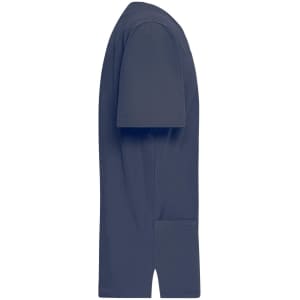 A navy blue men's stretch casack with short sleeves and side pockets, featuring a logo.